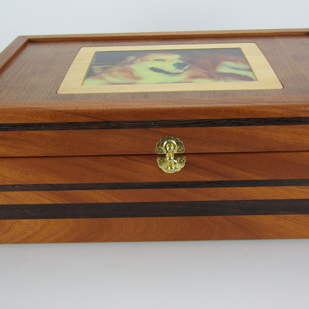 Front view of pet memory box with photo lid handmade from Honduran mahogany and wenge by A Finer Cut Woodworking