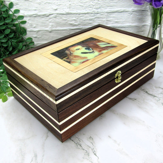 Thumbnail of pet memory box with photo lid handmade from Peruvian walnut and curly maple by A Finer Cut Wood.