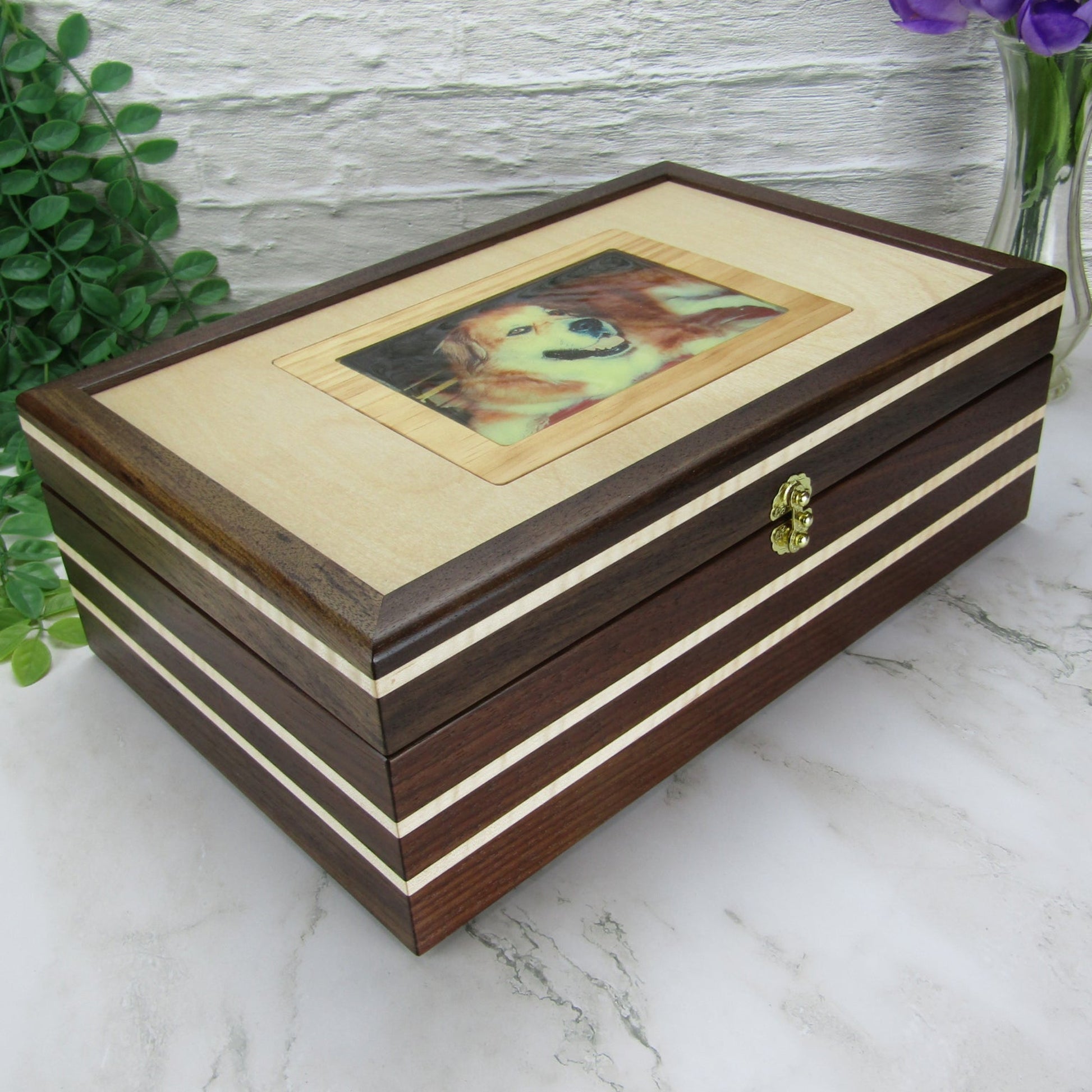 Thumbnail of pet memory box with photo lid handmade from Peruvian walnut and curly maple by A Finer Cut Wood.