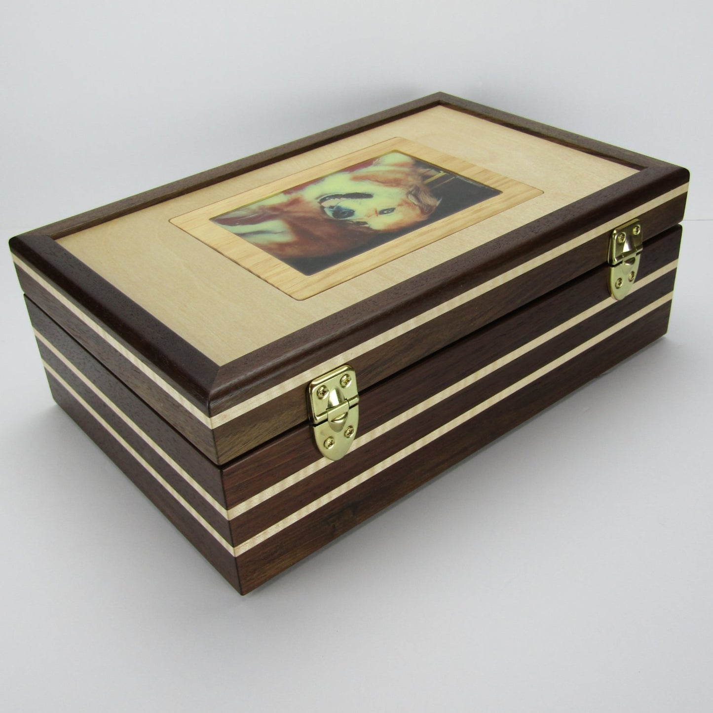 Back view of pet memory box with photo lid handmade from Peruvian walnut and curly maple by A Finer Cut Wood.