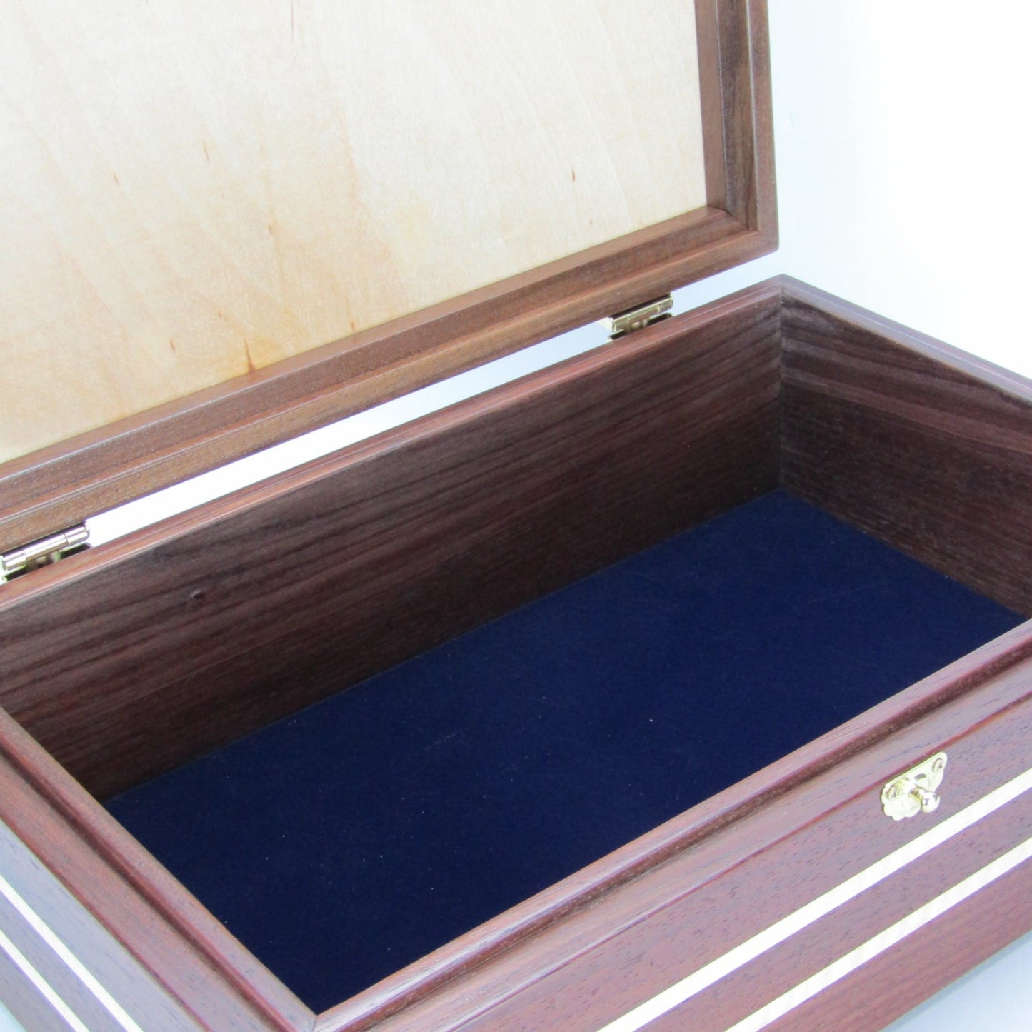 Interior view of pet memory box with photo lid handmade from Peruvian walnut and curly maple by A Finer Cut Wood.