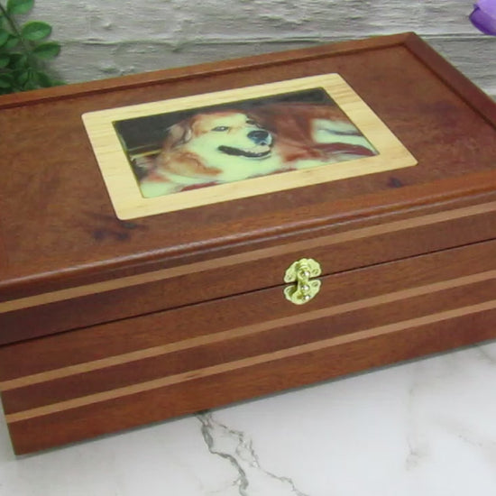 Video showing details of pet memorial box handmade from Honduran mahogany and pear wood by A Finer Cut Woodwork.