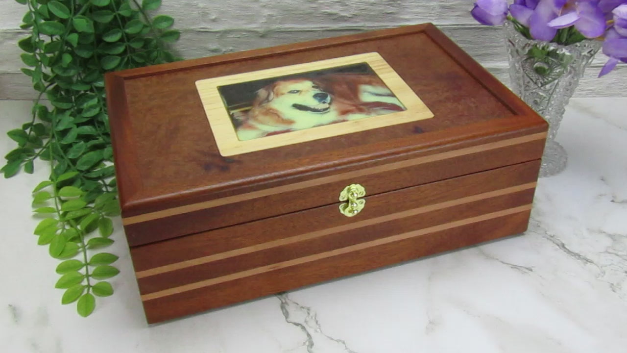 Video showing details of pet memorial box handmade from Honduran mahogany and pear wood by A Finer Cut Woodwork.