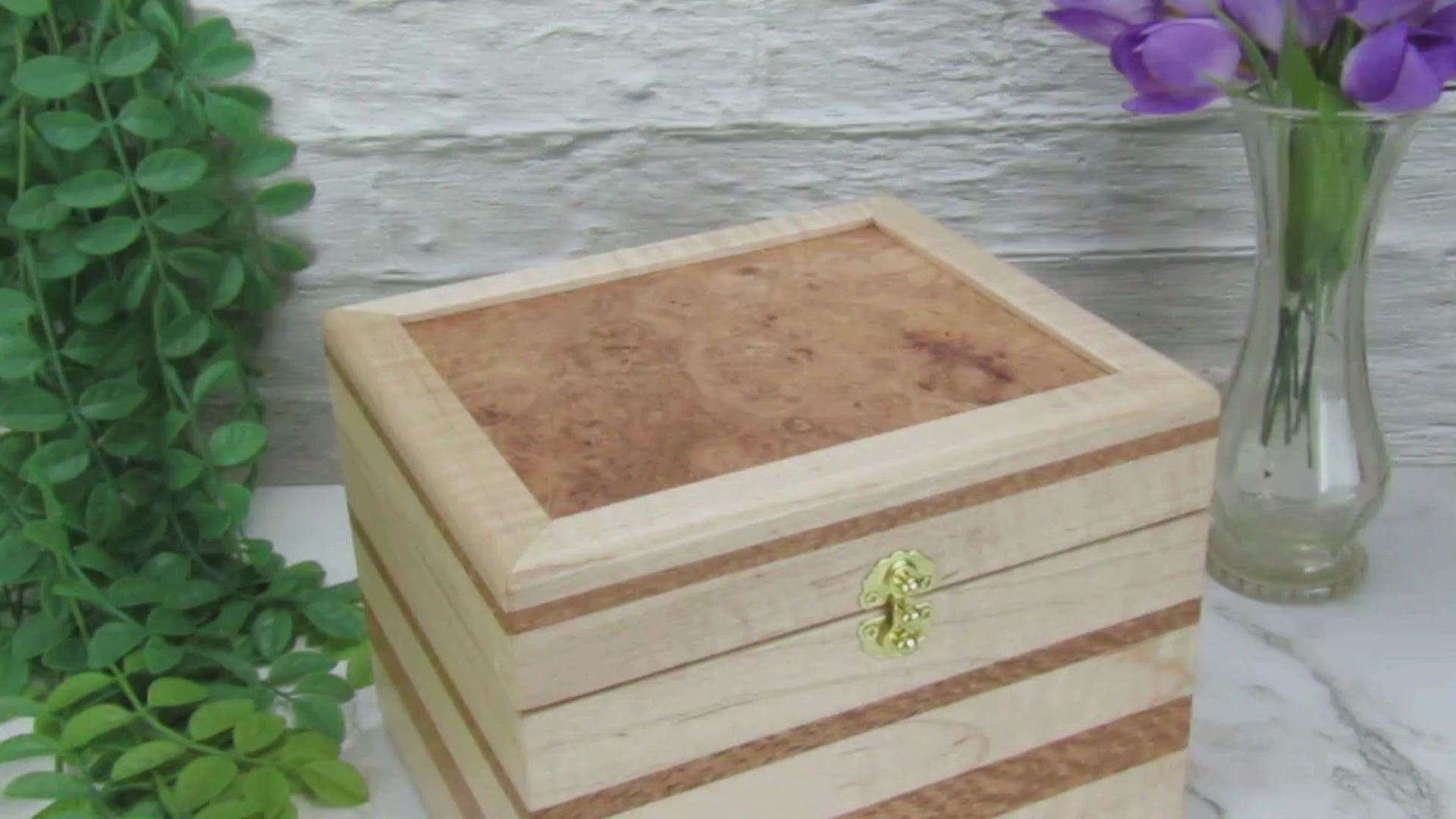 Video showing details of unique small keepsake box handmade from curly maple and lacewood by A Finer Cut Woodworking. 