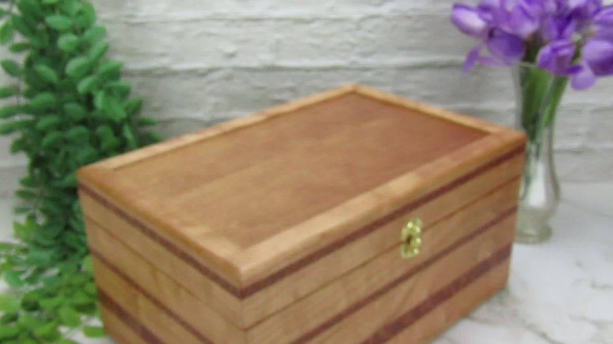 Video showing details of large keepsake box handmade from quilted cherry, leopardwood, and cherry veneer by A Finer Cut Woodworking.