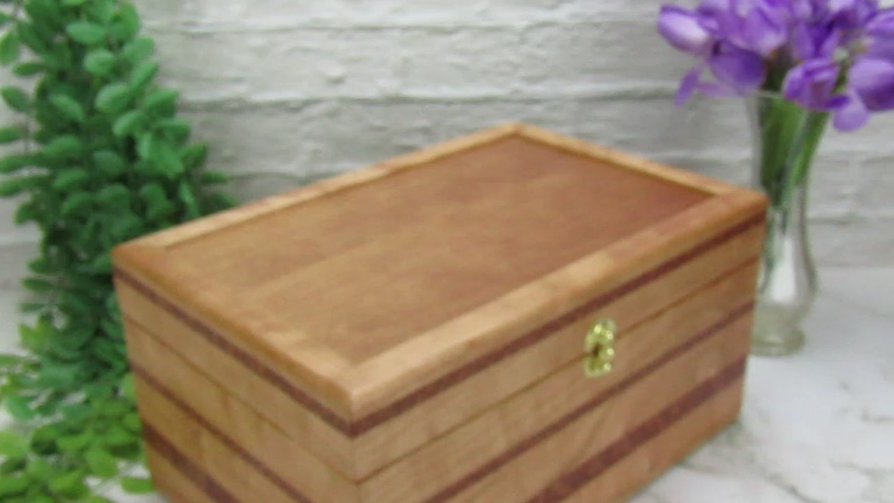 Video showing details of large keepsake box handmade from quilted cherry, leopardwood, and cherry veneer by A Finer Cut Woodworking.