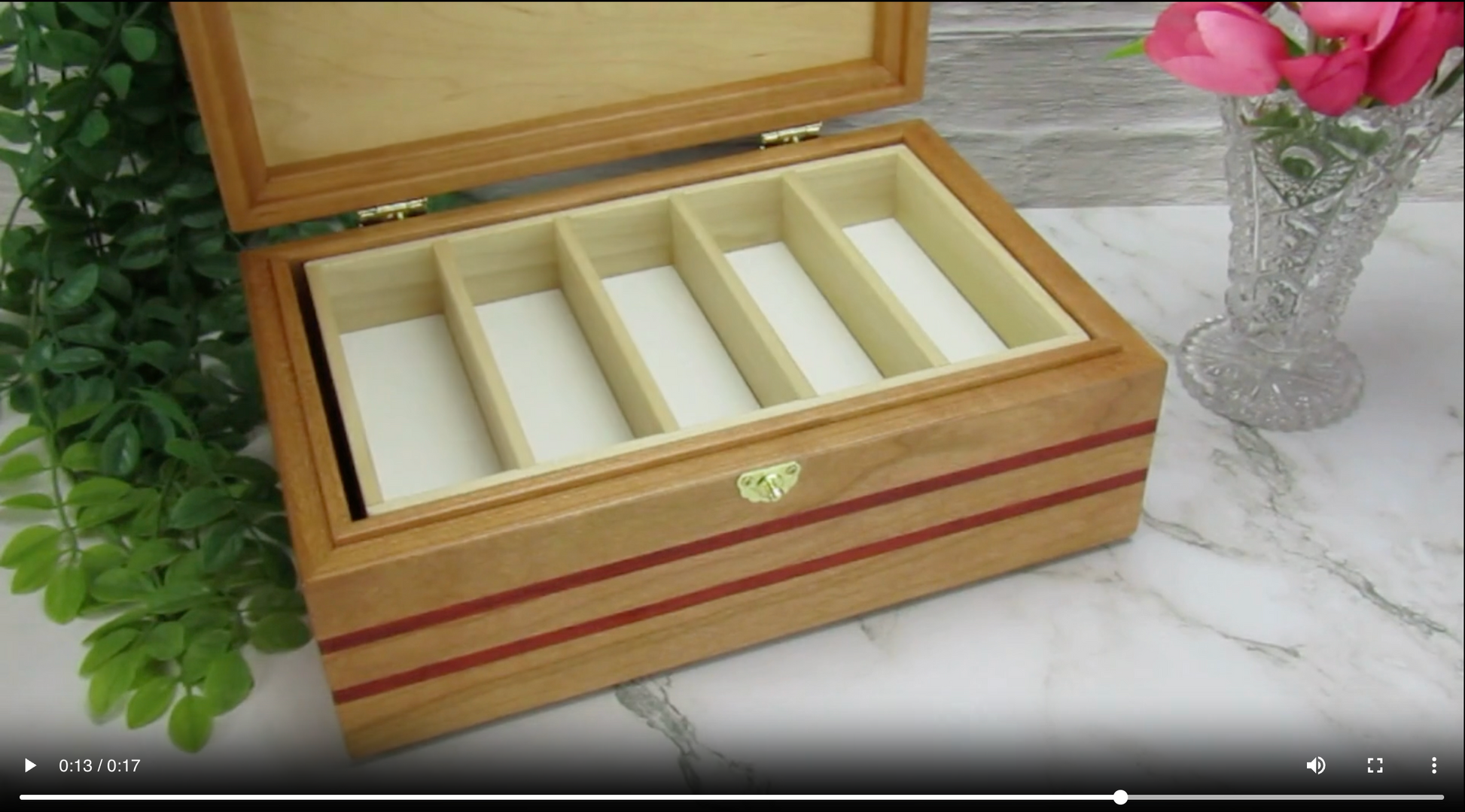 Video showing details of handmade memory box crafted from cherry and mahogany wood with padauk inlays by A Finer Cut Wood.