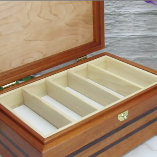 Video showing details of handmade memory box crafted from mahogany, wenge, and dark finished cherry veneer by A Finer Cut Woodworking.