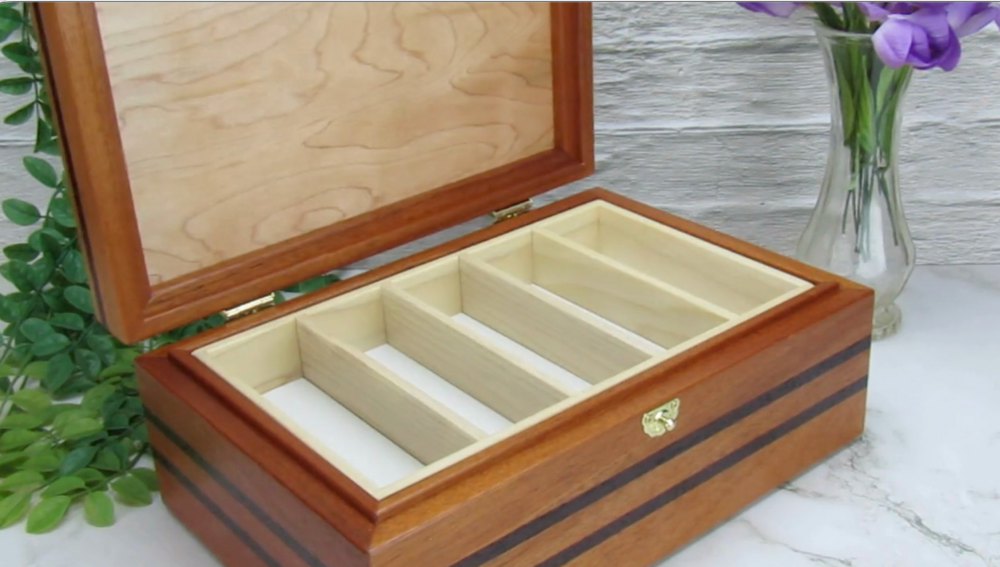 Video showing details of handmade memory box crafted from mahogany, wenge, and dark finished cherry veneer by A Finer Cut Woodworking.
