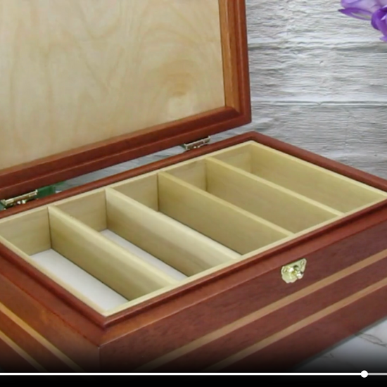 Video showing details of handmade wood jewelry box crafted from mahogany, cherry, and mahogany veneer by A Finer Cut Woodwork.