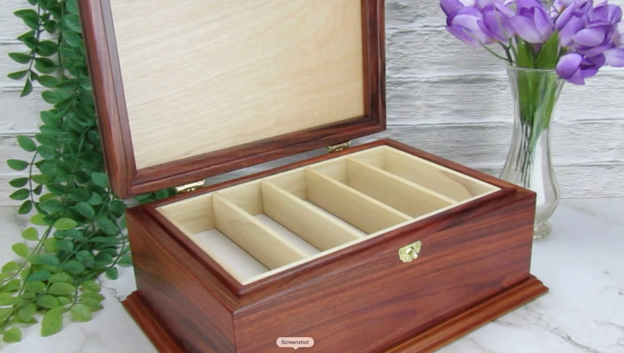 Video showing details of handmade wood jewelry box crafted from Bolivian rosewood, wenge, and cherry veneer by A Finer Cut Woodwork.