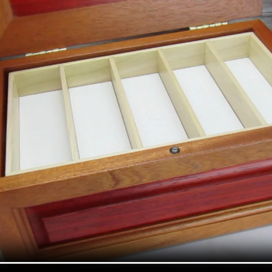 Video showing details of handmade wooden box crafted from Honduran mahogany, padauk and pear wood by A Finer Cut Woodwork.