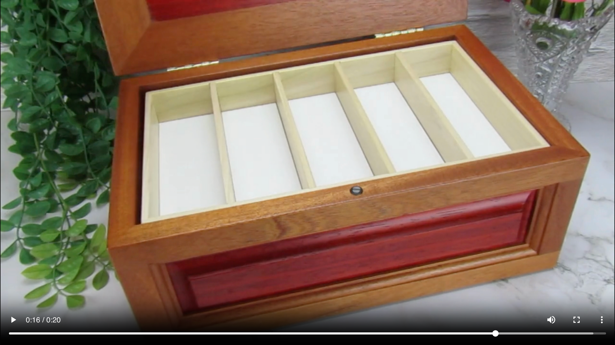 Video showing details of handmade wooden box crafted from Honduran mahogany, padauk and pear wood by A Finer Cut Woodwork.