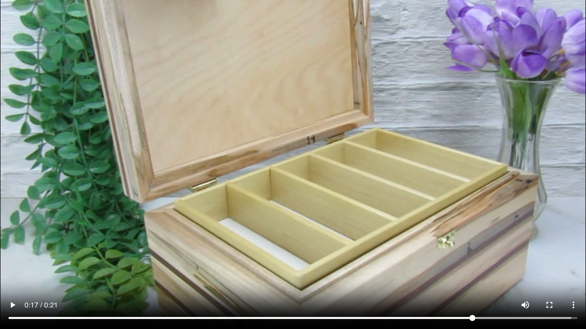 Video showing details of large keepsake box handmade from ambrosia maple and walnut by A Finer Cut Woodworking.