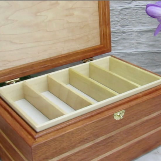 Video showing details of large memory box handmade from Brazilian cherry and maple burl veneer by A Finer Cut Woodworking