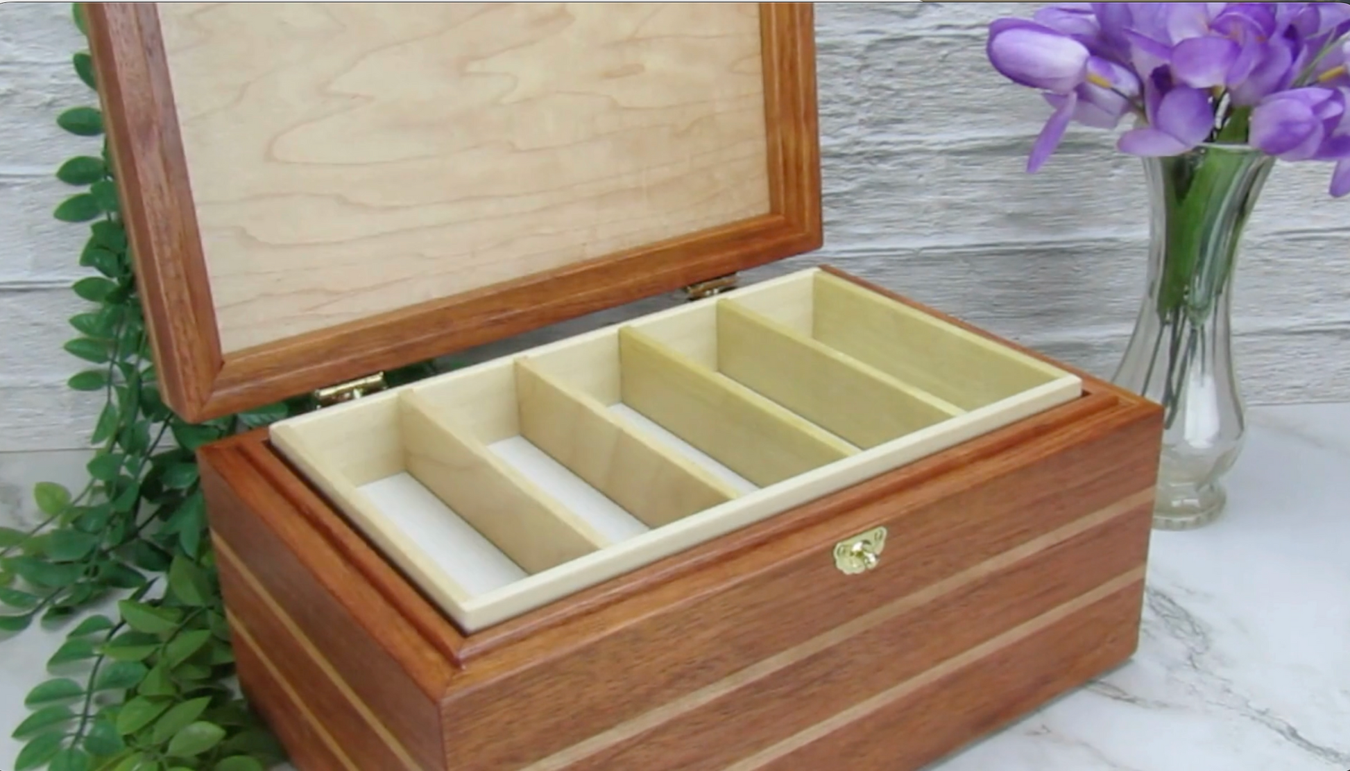 Video showing details of large memory box handmade from Brazilian cherry and maple burl veneer by A Finer Cut Woodworking