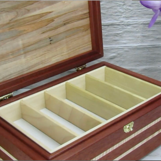 Video showing details of unique memorial box handcrafted from Honduran mahogany, curly maple, and ambrosia maple by A Finer Cut Woodworking.