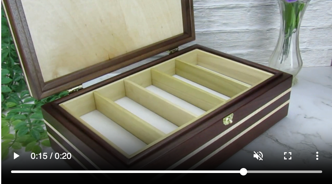Video showing details of pet memory box with photo lid handmade from Peruvian walnut and curly maple by A Finer Cut Wood.