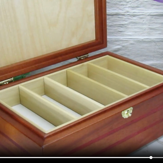 Video showing details of valet box for men handcrafted from mahogany with padauk wood inlays by A Finer Cut Woodworking.
