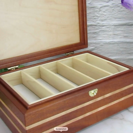 Video showing details of valet box for men handcrafted from mahogany, cherry, and cherry veneer by A Finer Cut Wood.