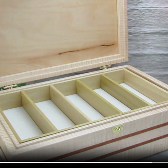 Video showing details of wooden keepsake box handmade from curly maple, mahogany, and cherry veneer by A Finer Cut Woodworking.