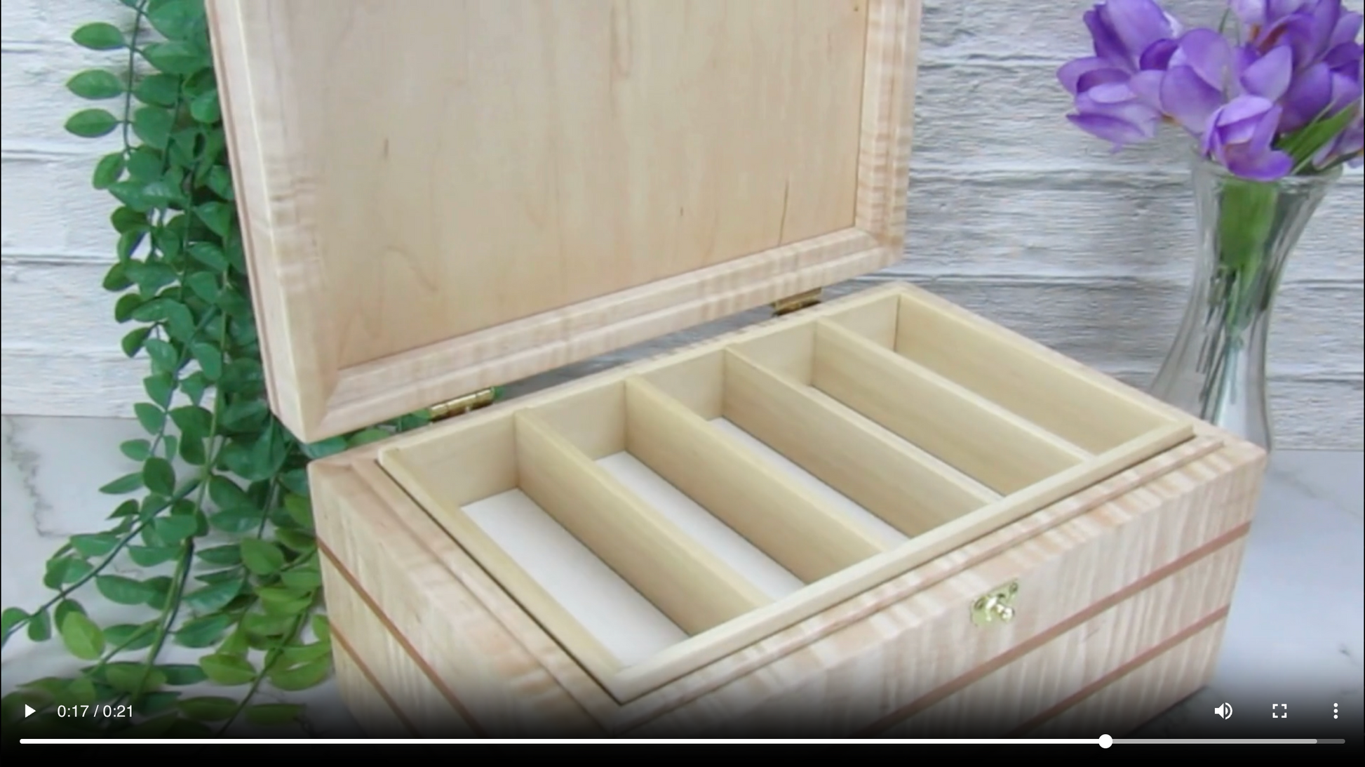 Video showing details of wooden memory box handmade from curly maple and cherry wood by A Finer Cut Woodworking.