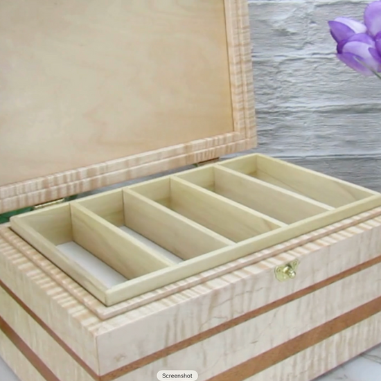 Video showing details of wooden memory box handmade from curly maple and mahogany by A Finer Cut Woodworking.