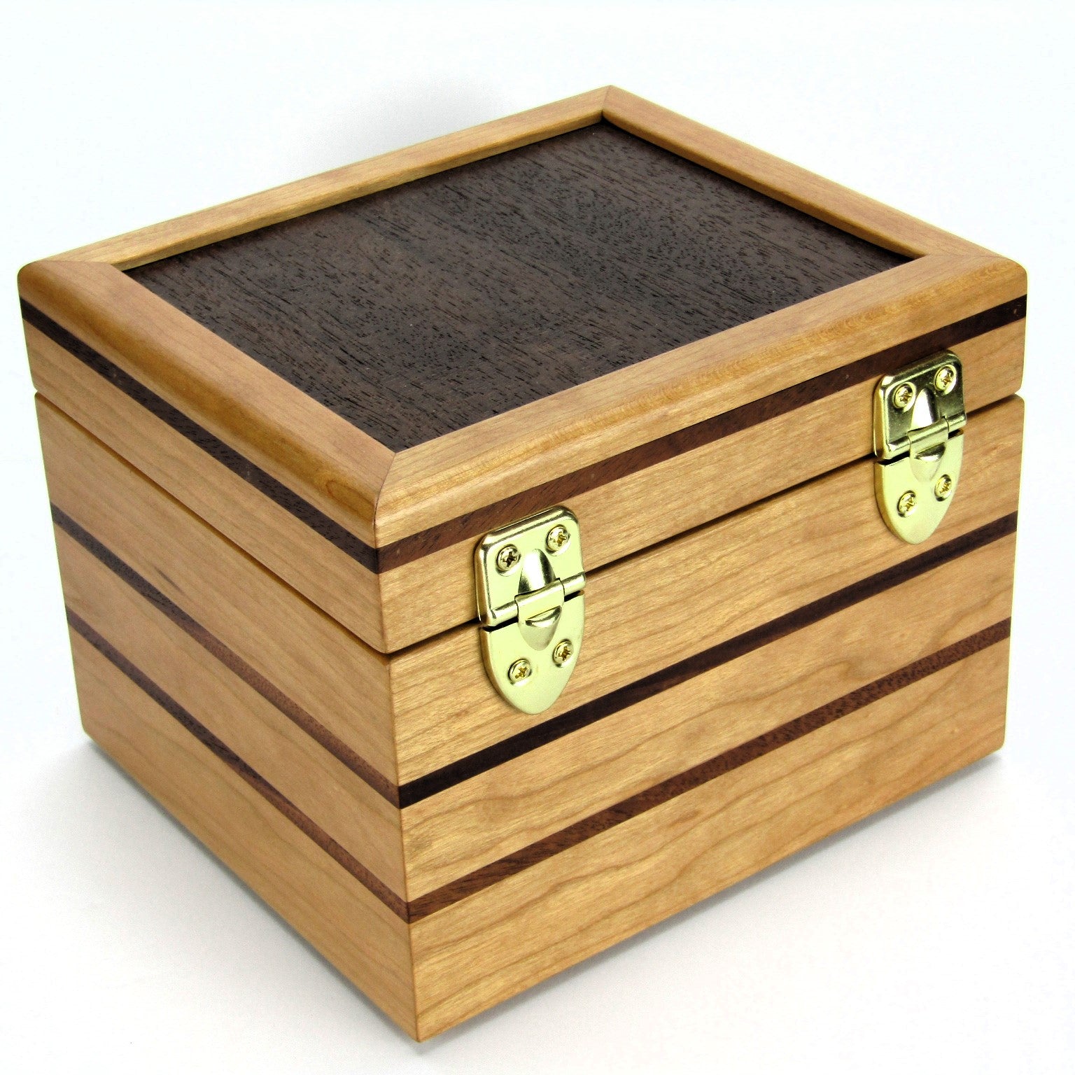 Back view of unique small keepsake box handmade from cherry, mahogany and Peruvian walnut wood by A Finer Cut.