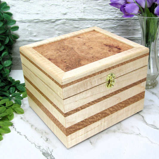 Thumbnail of unique small keepsake box handmade from curly maple and lacewood by A Finer Cut Woodworking. 