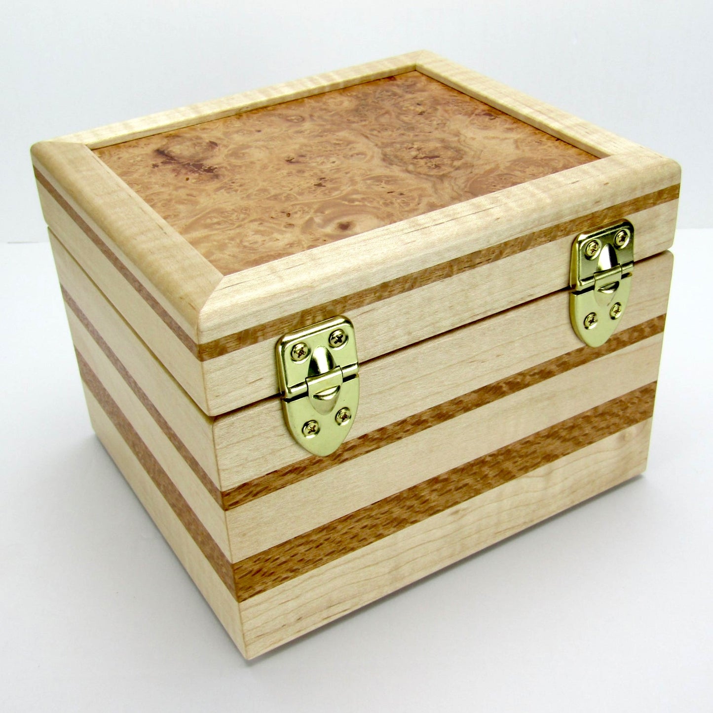 Back view of unique small keepsake box handmade from curly maple and lacewood by A Finer Cut Woodworking. 
