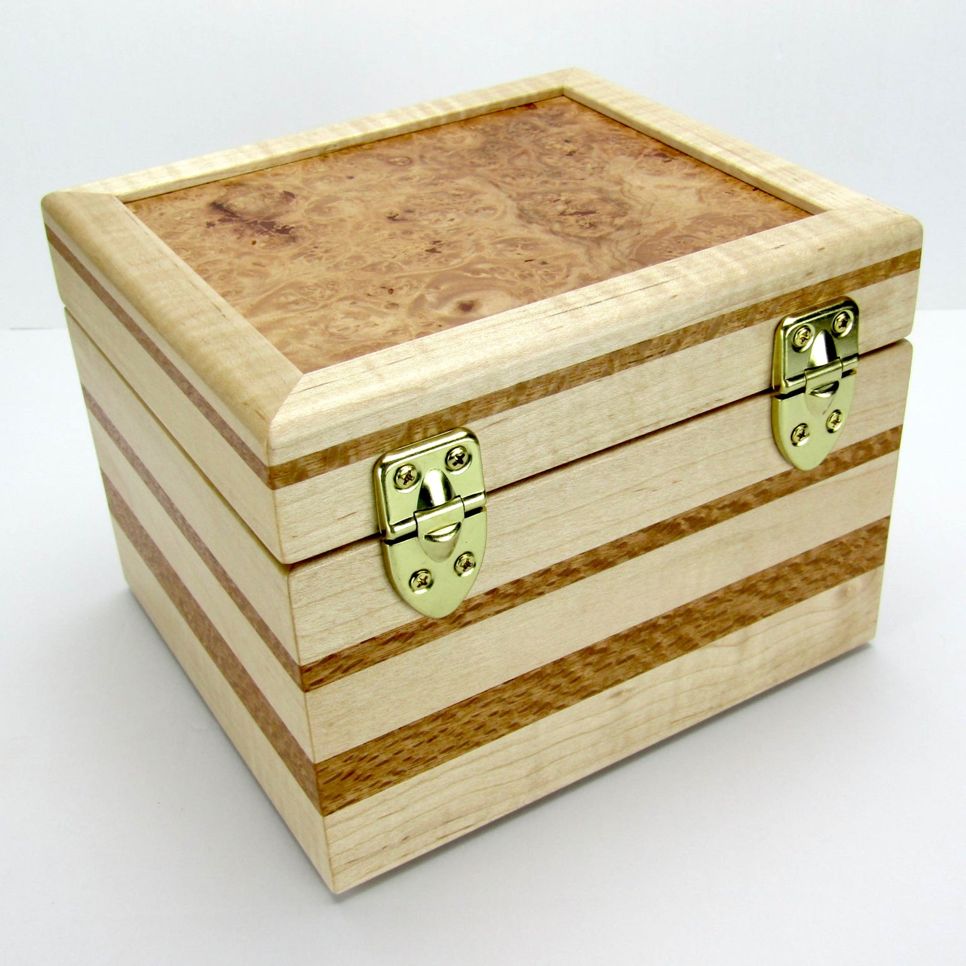Back view of unique small keepsake box handmade from curly maple and lacewood by A Finer Cut Woodworking. 