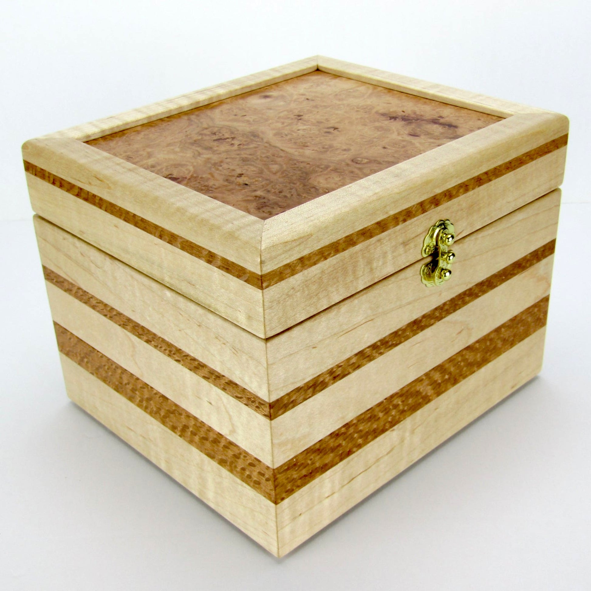 Full view corner of unique small keepsake box handmade from curly maple and lacewood by A Finer Cut Woodworking. 