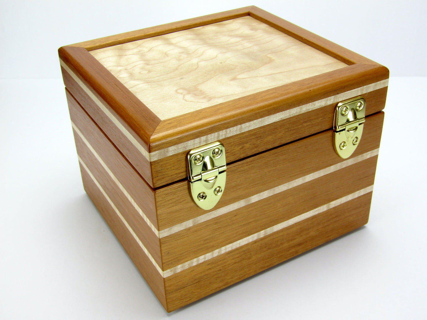 Back view of unique small keepsake box handmade from mahogany and maple wood by A Finer Cut Woodworking. 