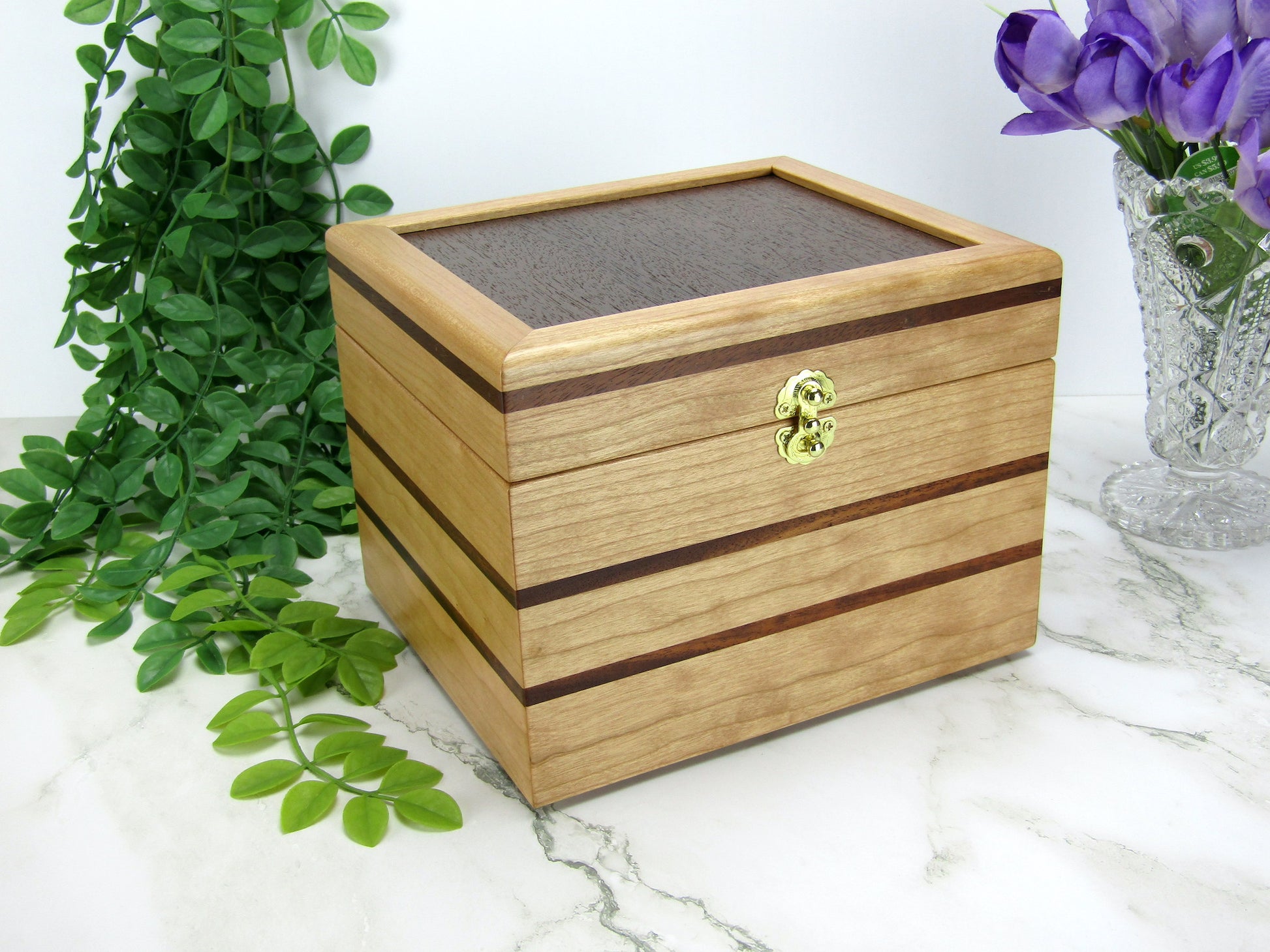 Thumbnail of unique small keepsake box handmade from cherry, mahogany and Peruvian walnut wood by A Finer Cut.