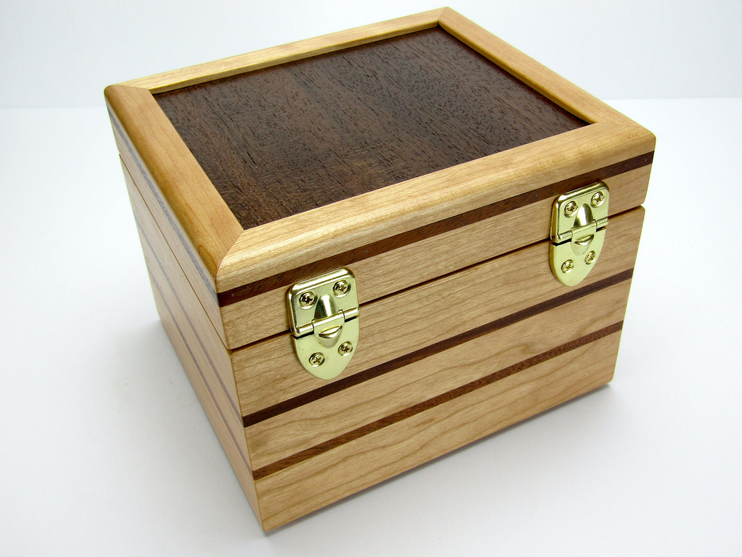 Back view of unique small keepsake box handmade from cherry, mahogany and Peruvian walnut wood by A Finer Cut.
