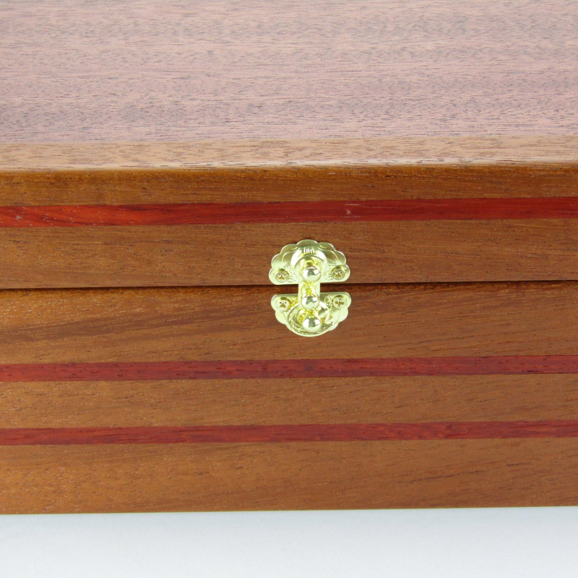 Front view of valet box for men handcrafted from mahogany with padauk wood inlays by A Finer Cut Woodworking.