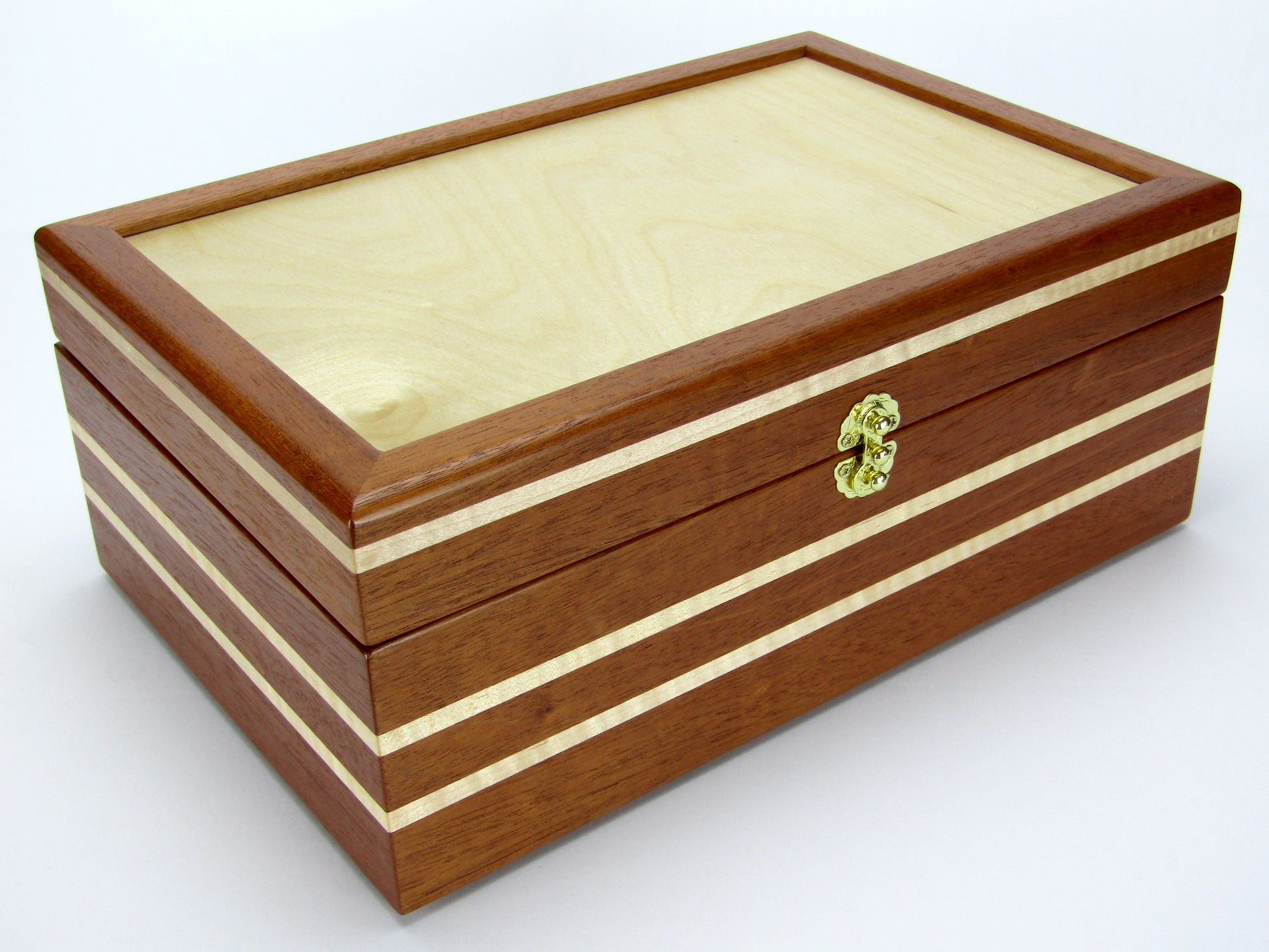 Front view of valet box for men handcrafted from mahogany, curly and maple wood by A Finer Cut Wood.