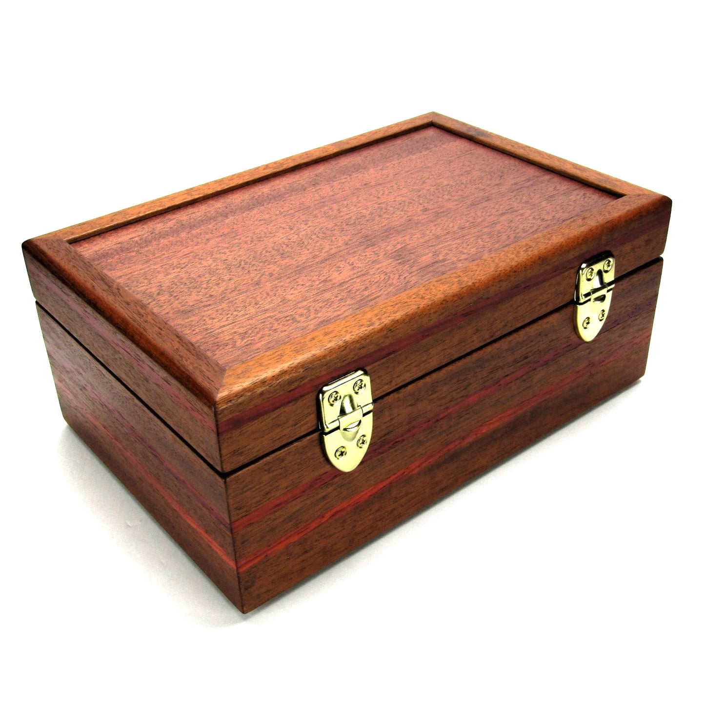 Back view of valet box for men handcrafted from mahogany with padauk wood inlays by A Finer Cut Woodworking.