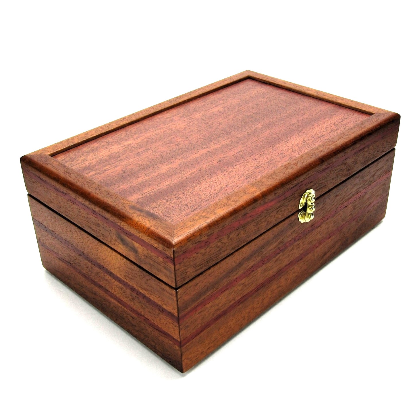 Full view corner of valet box for men handcrafted from mahogany with padauk wood inlays by A Finer Cut Woodworking.
