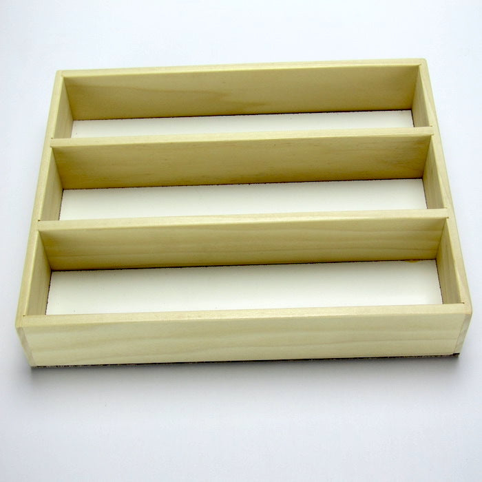 3-slot long wooden jewelry tray handmade from poplar by A Finer Cut Woodwork to fit 8 by 12 memory box.