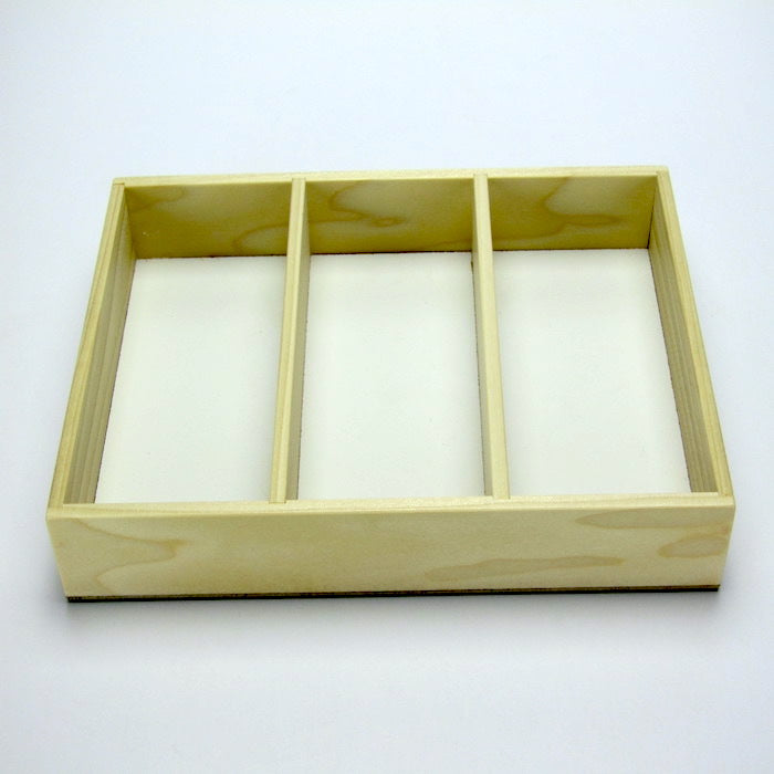 3-slot wooden jewelry tray handmade from poplar by A Finer Cut Woodwork to fit their 8 by 12 memory box. 