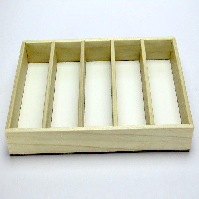 5-slot wooden jewelry tray handmade from poplar by A Finer Cut Woodwork to fit their 8 by 12 memory box. 