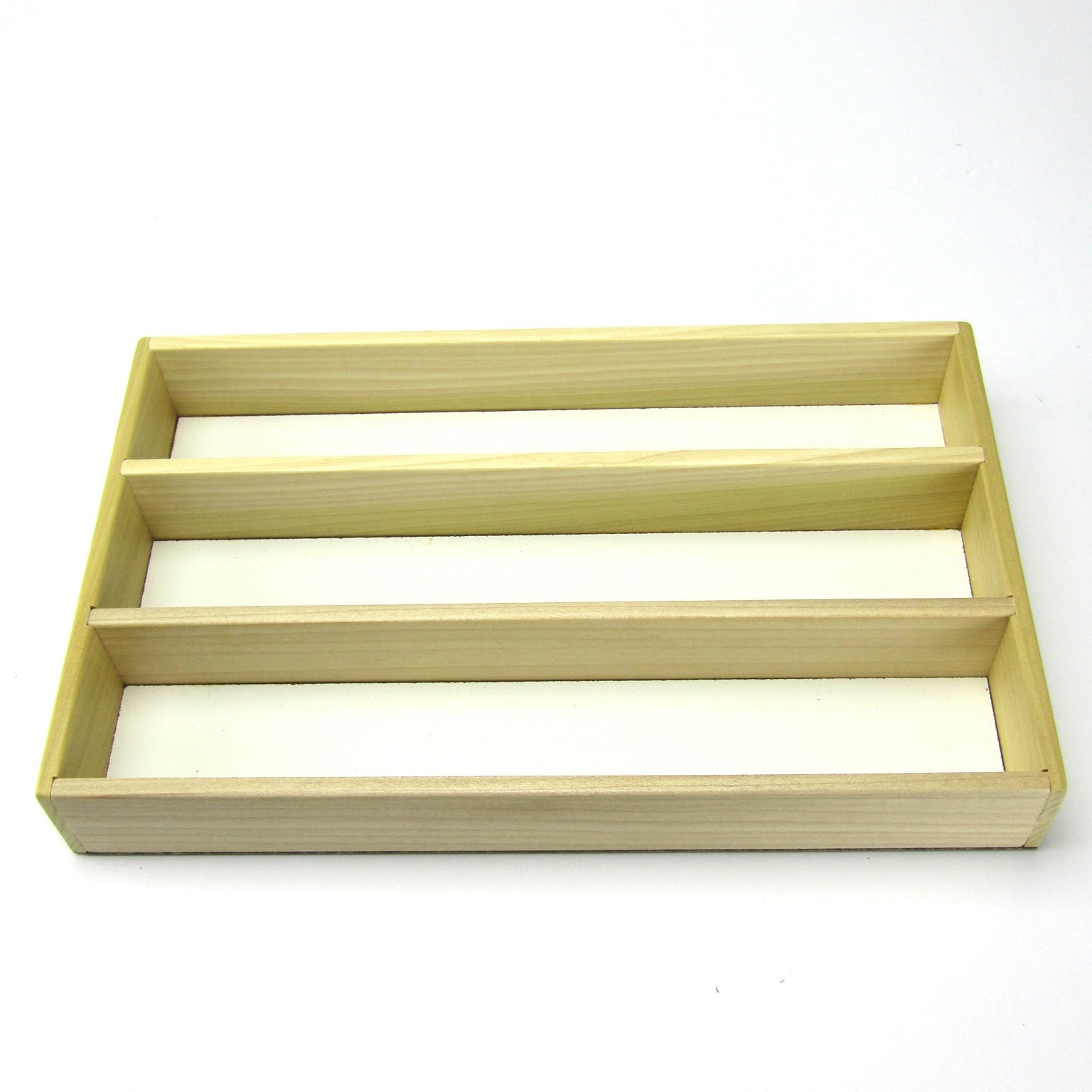 Wooden jewelry tray with 3 long slots handmade from poplar by A Finer Cut Woodwork to fit their 8 by 12 memory box. 
