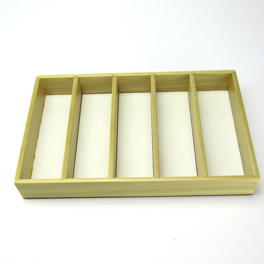5-slot wooden jewelry tray handmade from poplar by A Finer Cut Woodwork to fit their 8 by 12 memory box. 
