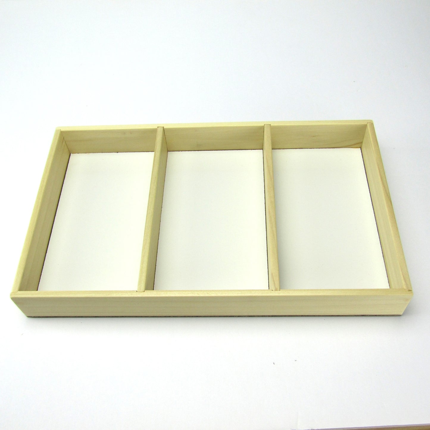 3-slot wooden jewelry tray handmade from poplar by A Finer Cut Woodwork to fit their 9 by 14 memory box. 