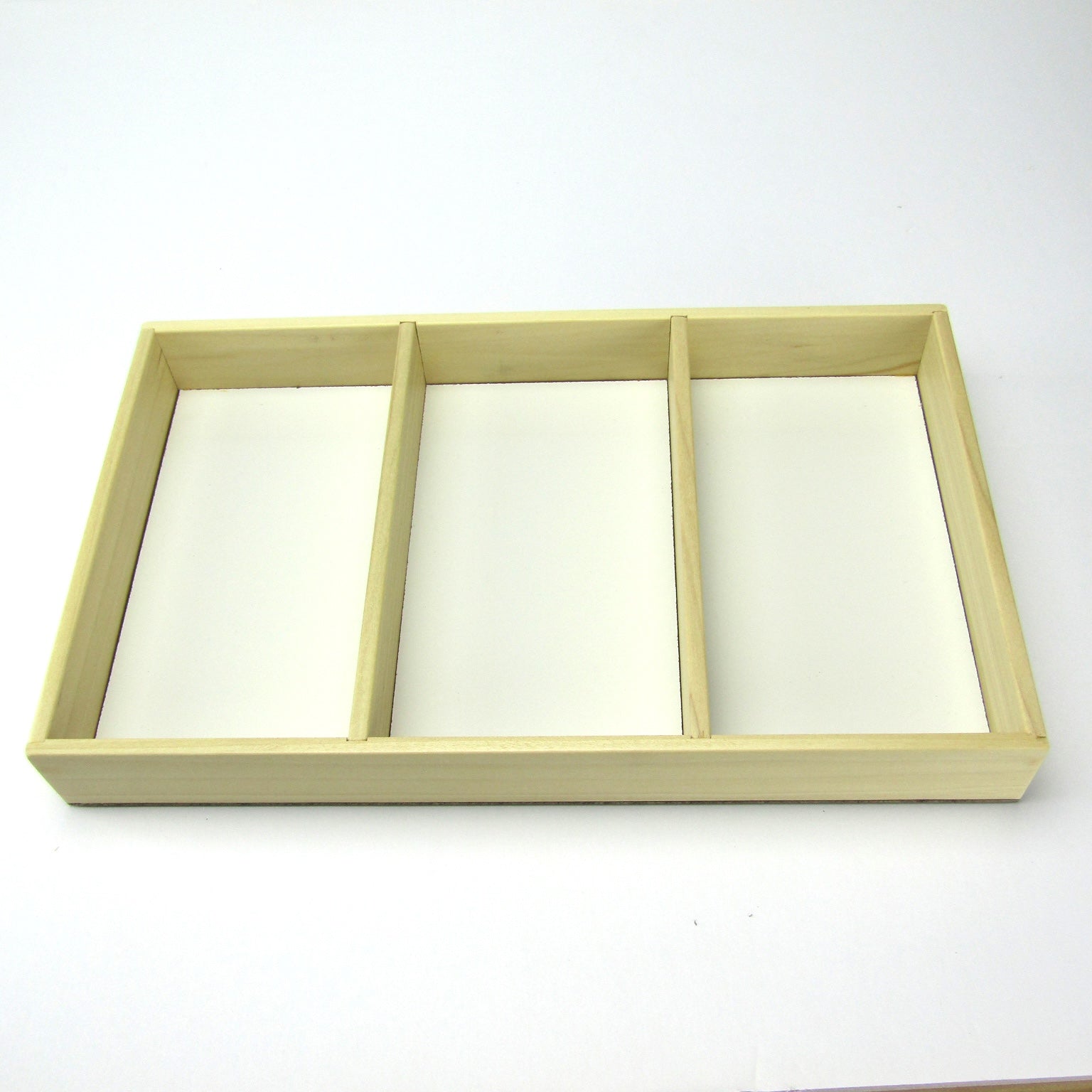 3-slot wooden jewelry tray handmade from poplar by A Finer Cut Woodwork to fit their 9 by 14 memory box. 