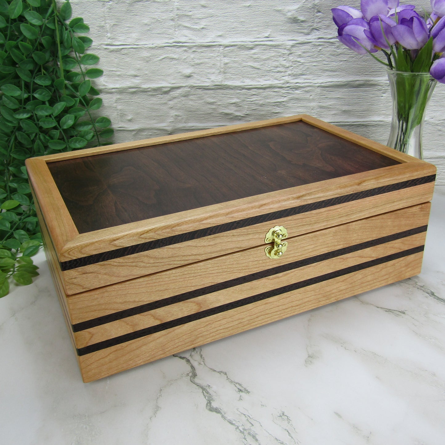 >Thumbnail of wooden keepsake box handmade from cherry, wenge, and dark finished cherry veneer by A Finer Cut Woodworking.