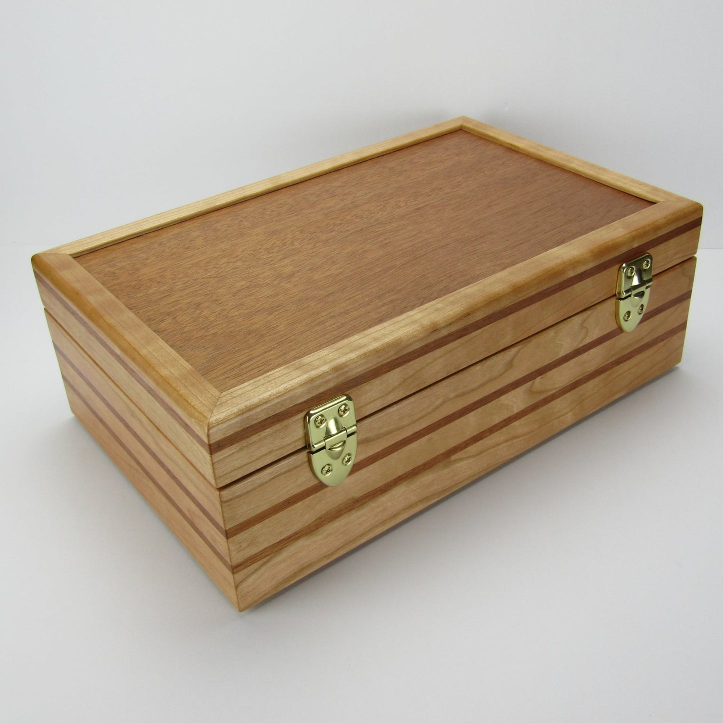 Back view of wooden keepsake box handmade from domestic cherry and mahogany wood by A Finer Cut Woodworking.