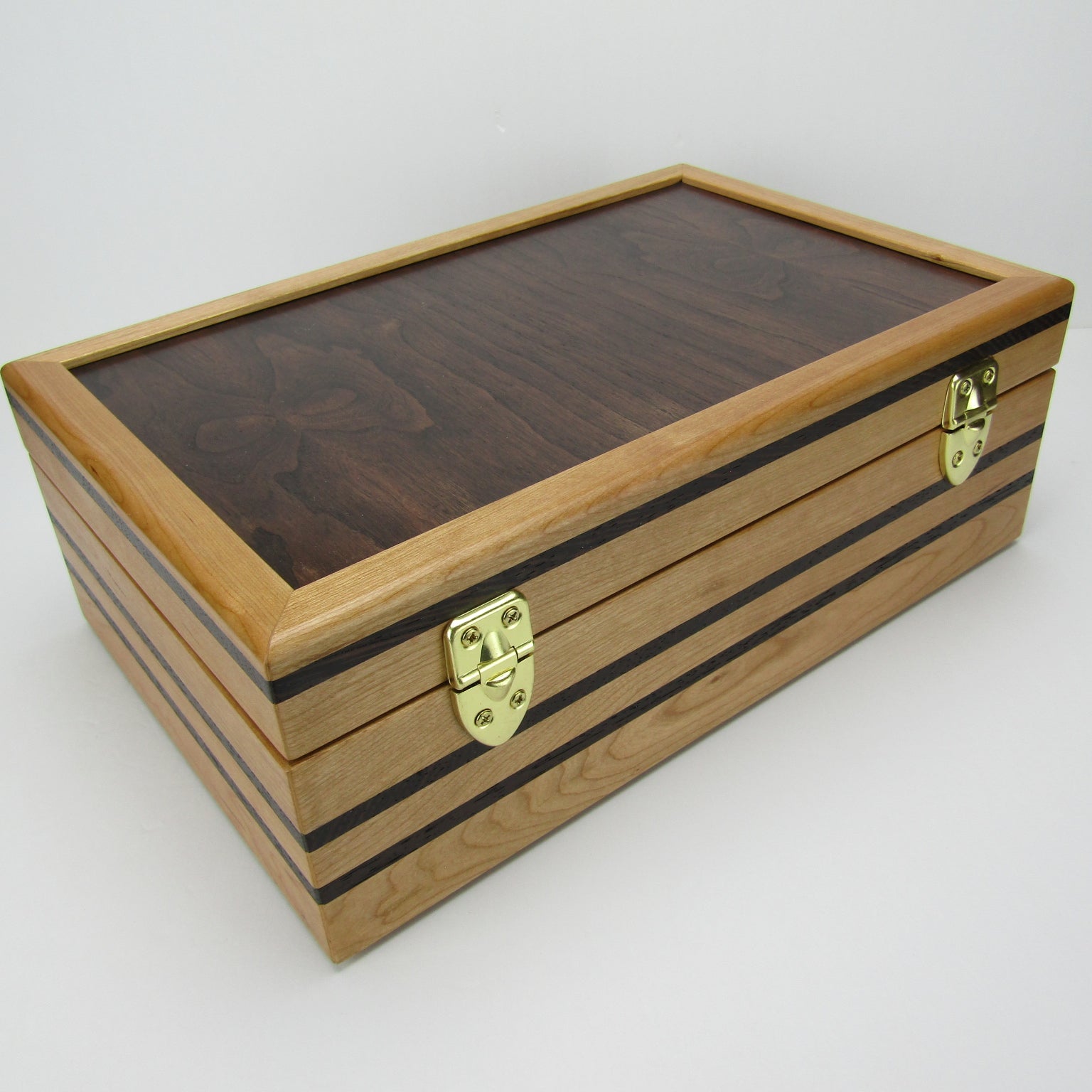 >Back view of wooden keepsake box handmade from cherry, wenge, and dark finished cherry veneer by A Finer Cut Woodworking.