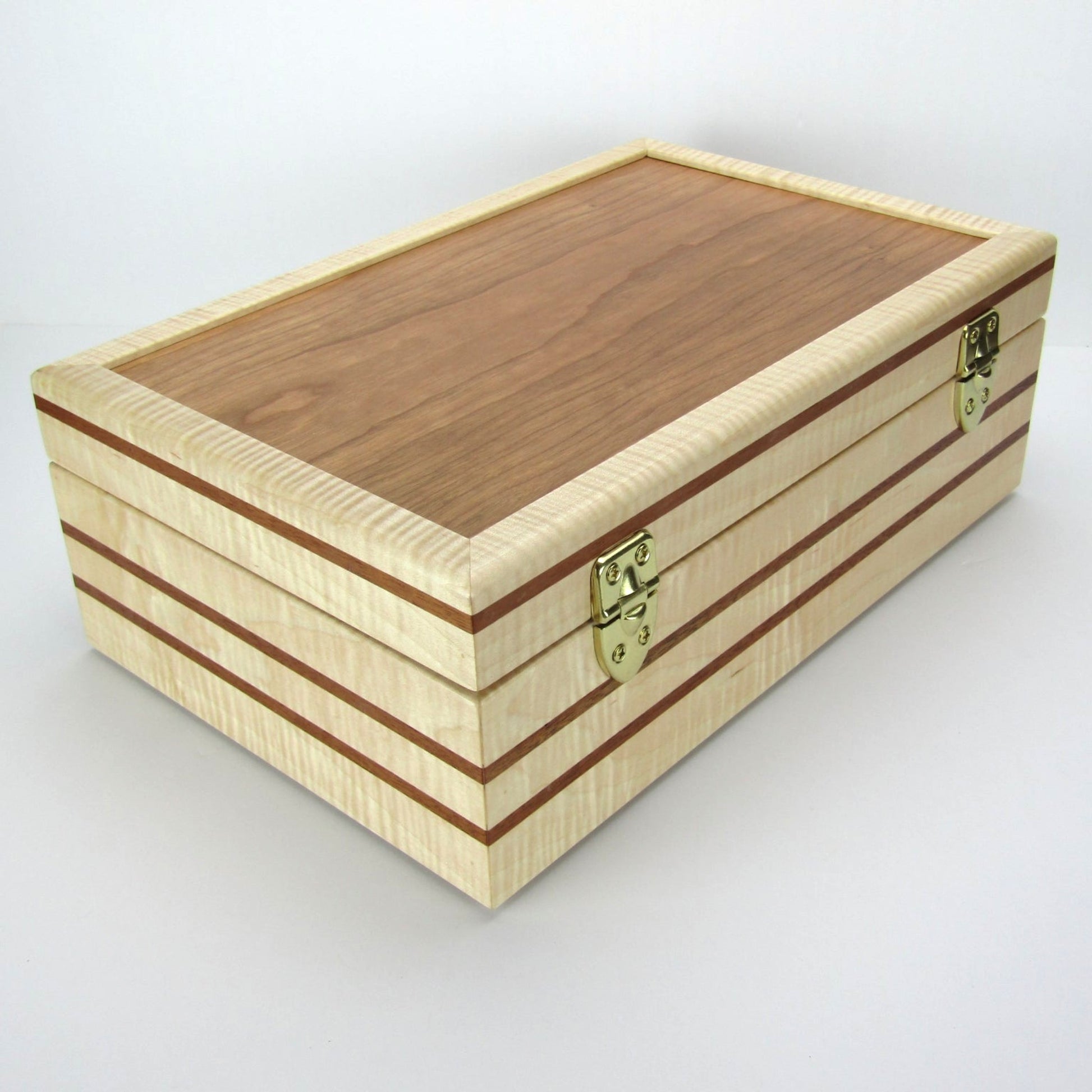 Back view of wooden keepsake box handmade from curly maple, mahogany, and cherry veneer by A Finer Cut Woodworking.